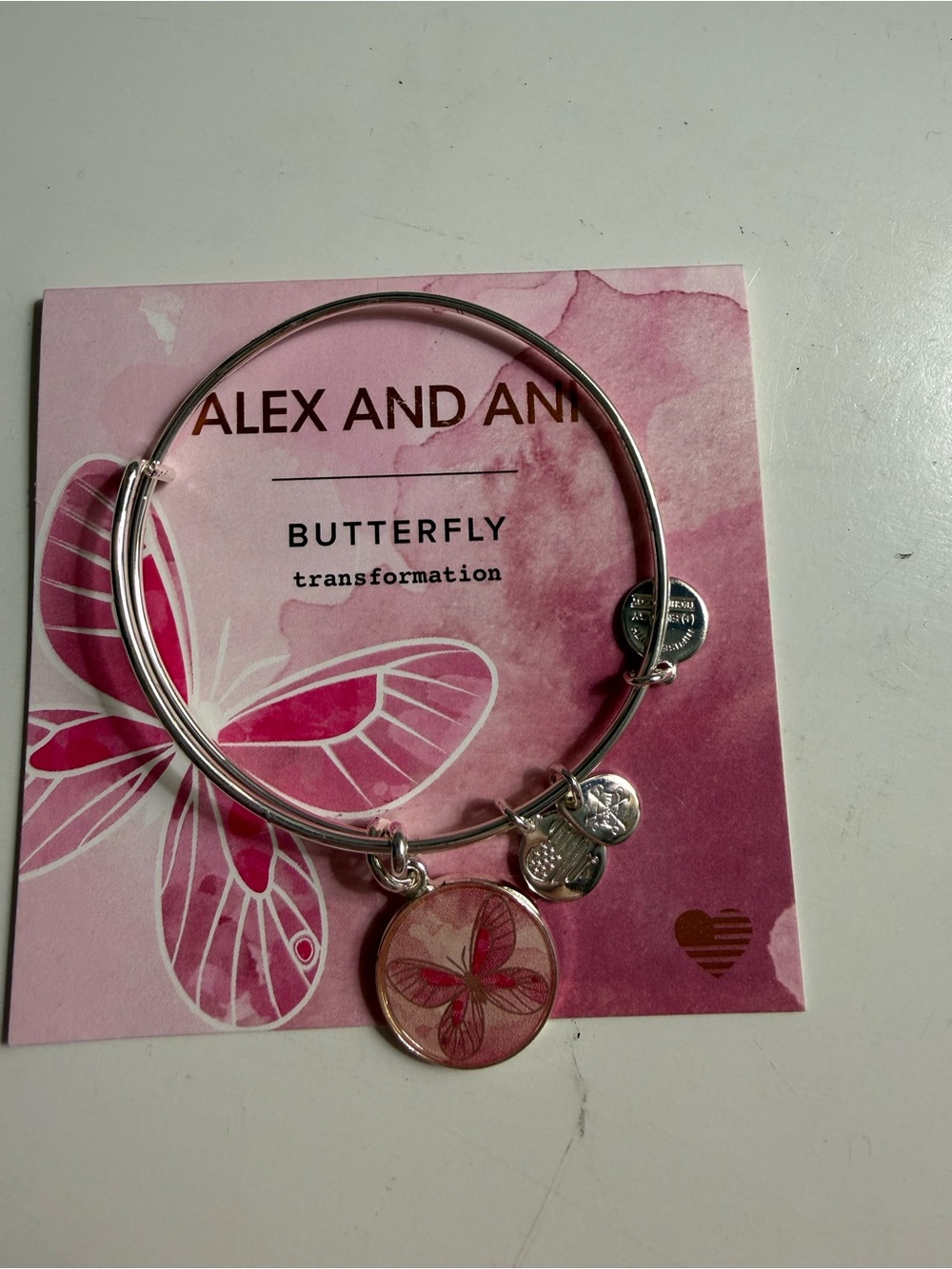 Alex and Ani Silver Bangle with Pink Butterfly Charm